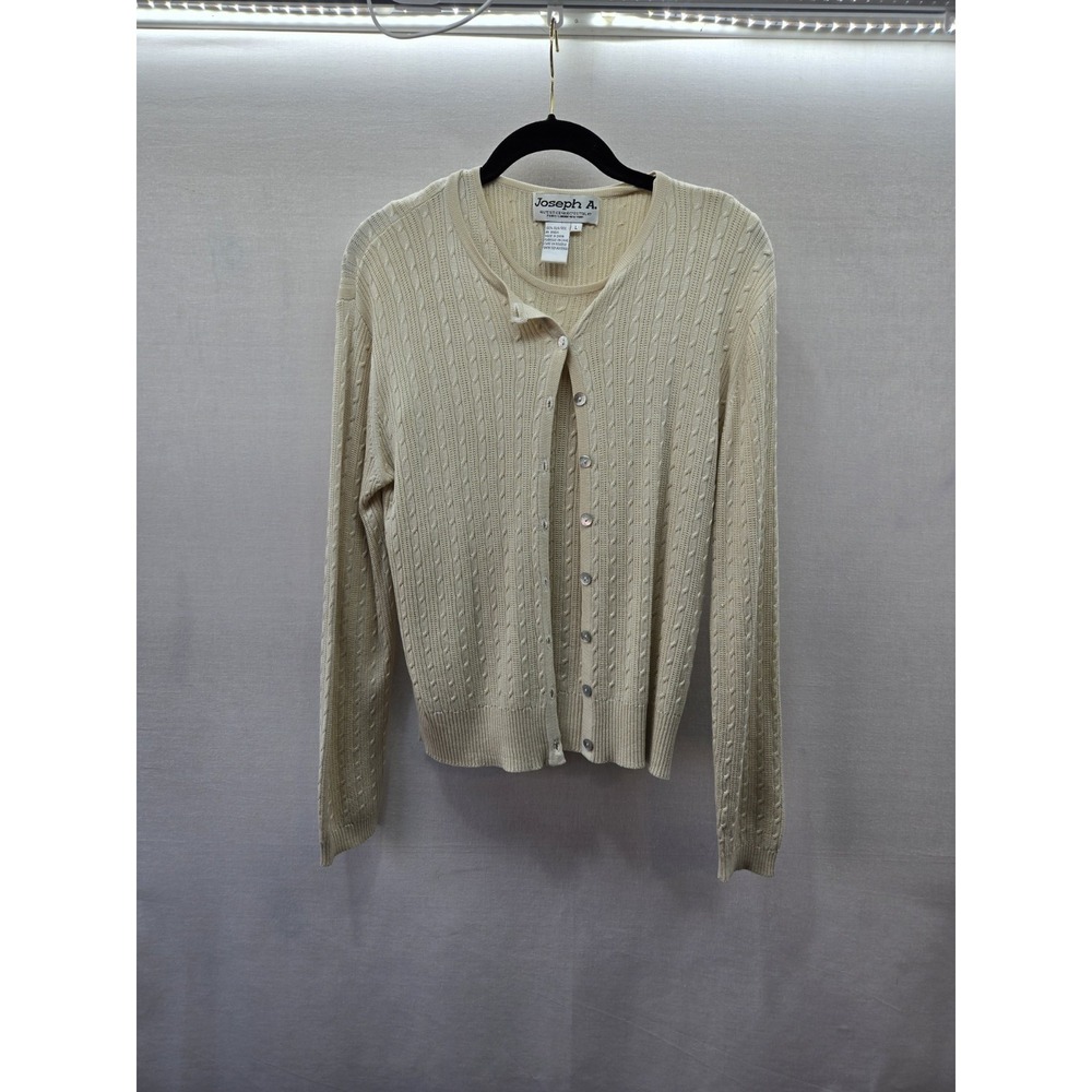 Joseph A Bank Vintage Womens 100% Silk Sweater Set Cardigan Tank Beige L